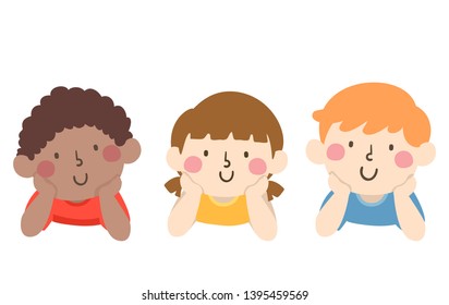 Illustration of Kids Waiting and Posing with their Hands on their Cheeks