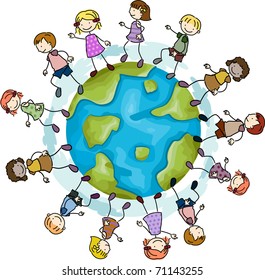 Illustration of Kids Walking Around a Globe