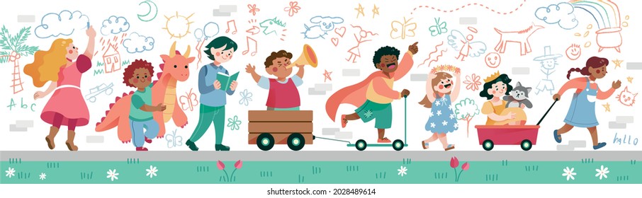 Illustration of Kids Walking, Drawing and Playing. Children going back to school. Long poster on white background.