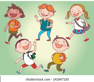 Illustration of Kids Walking Together to School. Children illustration for School books and more. Separate Objects.