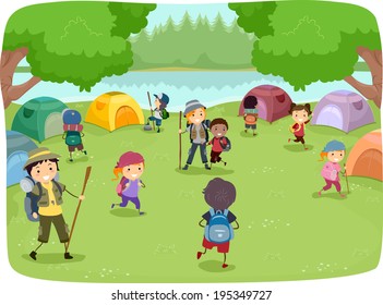 Illustration of Kids Wandering Around a Camp Site