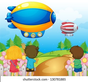 Illustration of the kids watching the airships