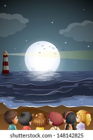 Illustration of the kids watching the fullmoon at the beach