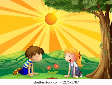Illustration of kids watching over a flower