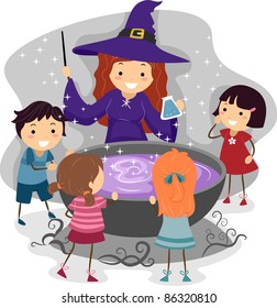 Illustration of Kids Watching a Witch Cast a Spell