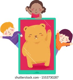 Illustration of Kids Waving with a Big Tablet or Mobile Phone with a Teddy Bear Stuffed Toy Waving