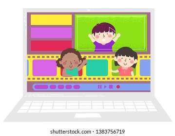 Illustration of Kids Waving from Film or Video Editing Software in Laptop