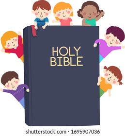 Illustration of Kids Waving and Holding a Big Bible