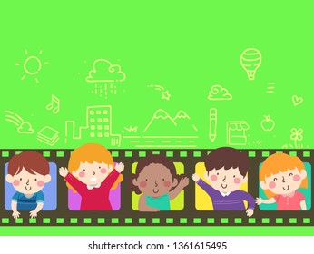 Illustration Of Kids Waving From Inside A Film With Movie Doodles Above