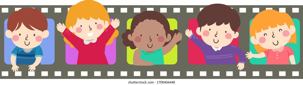 Illustration of Kids Waving From Inside a Movie or Video Film