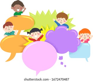 Illustration of Kids Waving and Standing Behind Different Kinds and Colors of Speech Bubbles