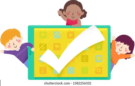 Illustration of Kids Waving with a Tablet Computer with Several Apps and a Big Check Mark