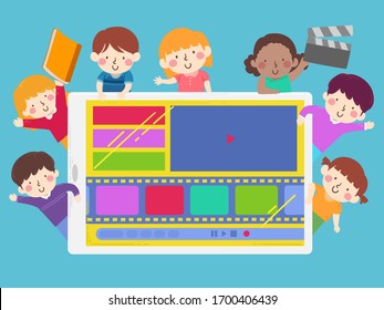 Illustration of Kids Waving with a Tablet or Mobile Phone with Production or Film Editor App on Screen