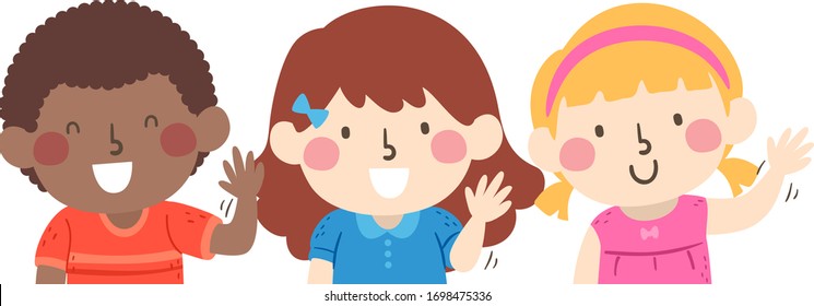 Illustration of Kids Waving with Their Left Hand Following Instruction of Wave with Your Left Hand