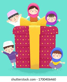 Illustration of Kids Waving, Wearing Hijab and Taqiyah with a Big Gift Box