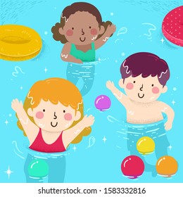 Illustration of Kids Waving While Inside a Swimming Pool with Balls and Floatation Device