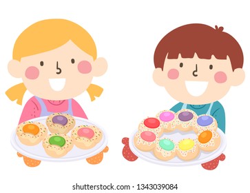 Illustration of Kids Wearing Apron and Presenting Easter Egg Bread They Baked