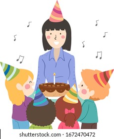 Illustration of Kids Wearing Birthday Hats, Holding Cake and Singing a Song to their Teacher