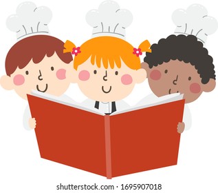 Illustration of Kids Wearing Chef Hat and Reading a Big Cooking or Recipe Book