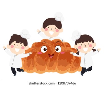 Illustration of Kids Wearing Chef Hats and Costume with Challah Braided Bread Mascot