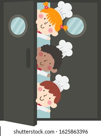 Illustration of Kids Wearing Chef Hats and Uniform Waving from Inside Kitchen Door