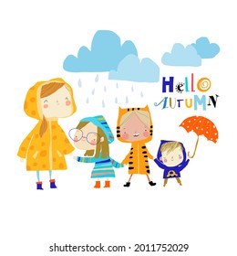 Illustration of Kids wearing Colorful Raincoats and Boots