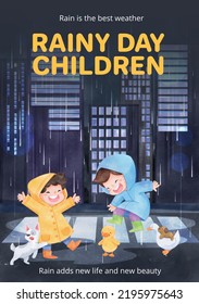 Illustration of kids wearing colorful raincoats and boots playing on rainy day, Children with multicolored umbrellas. Vector illustration of a little boy and girl enjoy rainy day.