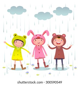 Illustration of kids wearing colorful raincoats and boots playing on rainy day