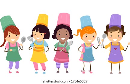 Illustration of Kids Wearing Colorful Toques and Aprons Attending a Cooking Class