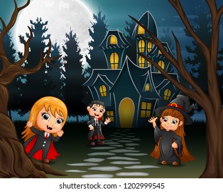 Illustration of kids wearing halloween costume outdoors in the night