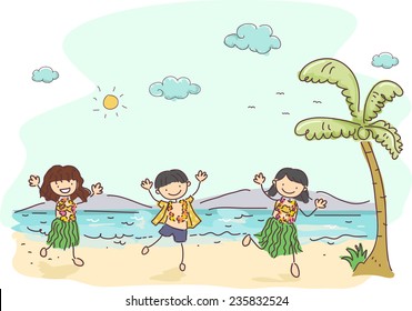 Illustration of Kids Wearing Hawaiian Costumes Dancing in the Beach