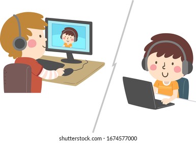 Illustration Of Kids Wearing Headphones And Video Chatting Each Other Using Laptop And Computer