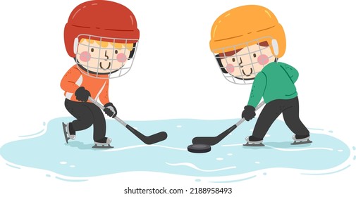 Ilustración de niños con cascos jugando al hockey sobre hielo usando palos de hockey