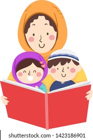 Illustration of Kids Wearing Hijab and Taqiyah Reading a Big Book Held by their Mother