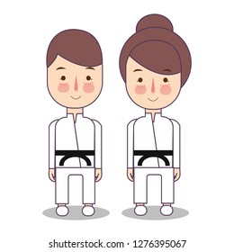 Illustration of Kids Wearing Karate Uniforms black belt. child boy and girls judo martial art costume. Vector flat drawing illustration.