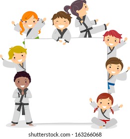 Illustration of Kids Wearing Karate Uniforms Surrounding a Blank Board