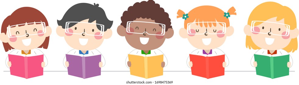 Illustration of Kids Wearing Laboratory Goggles and White Gown and Reading a Book