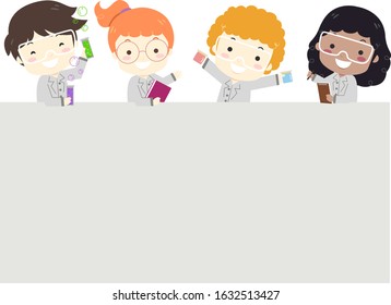 Illustration of Kids Wearing Laboratory Gown, Holding Test Tubes, Notebook, Glass and Clipboard