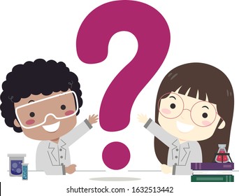 Illustration of Kids Wearing Laboratory Gown and Goggles with Question Mark