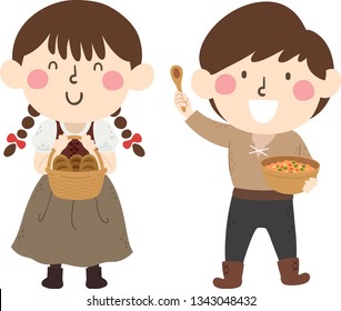 Illustration of Kids Wearing Medieval Peasant Costume Carrying a Basket of Bread and a Bowl of Soup