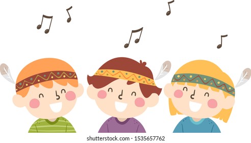 Illustration of Kids Wearing Native America Head Wear Singing for Native American Heritage Month