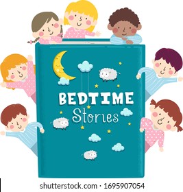 Illustration of Kids Wearing Pajamas and Holding a Big Book of Bedtime Stories