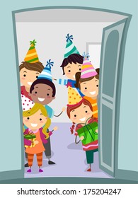 Illustration Of Kids Wearing Party Hats Welcoming Guests At The Door