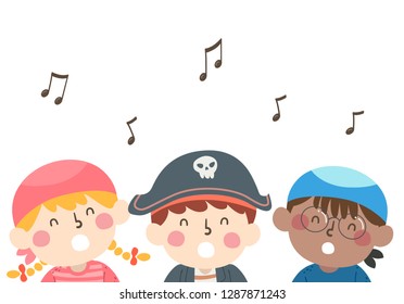 Illustration of Kids Wearing Pirate Costume and Singing with Music Notes