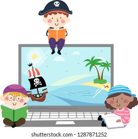 Illustration of Kids Wearing Pirate Costume and Reading a Book with Pirate Story on Laptop Screen