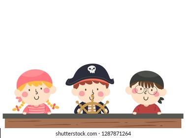 Illustration of Kids Wearing Pirate Costume Riding a Ship and Using Steering Wheel Border