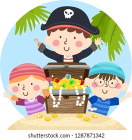 Illustration of Kids Wearing Pirate Costume with an Open Treasure Chest Full of Gold and Jewels