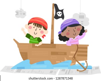 Illustration of Kids Wearing Pirate Costume Riding Ship on Water on Props Made from Recycled Paper
