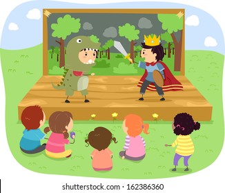 Illustration of Kids Wearing a Prince and a Dinosaur Costume Performing Onstage