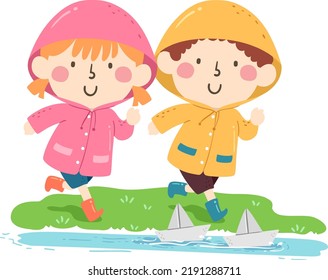 Illustration of Kids Wearing Raincoats and Boots Playing Paper Boat Racing